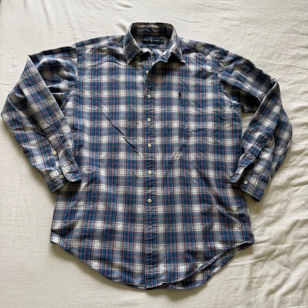 Y2K Polo Ralph Lauren Blake Blue Plaid Cotton Button Down Shirt Size Medium